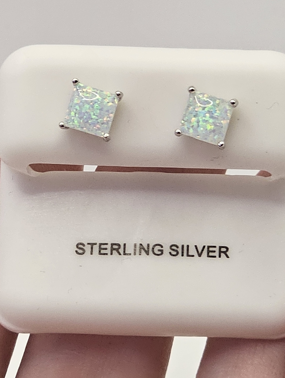 White Opal Square Stud Earrings S925